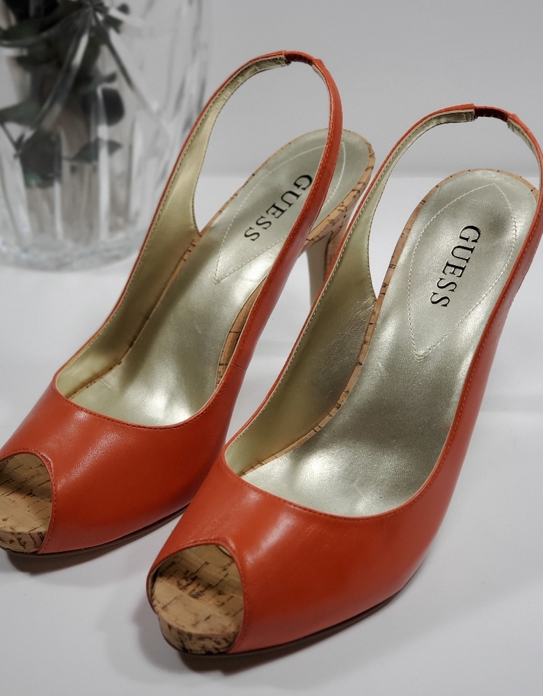 Guess Orange Peep-Toe Slingback Cork Heel Size 9